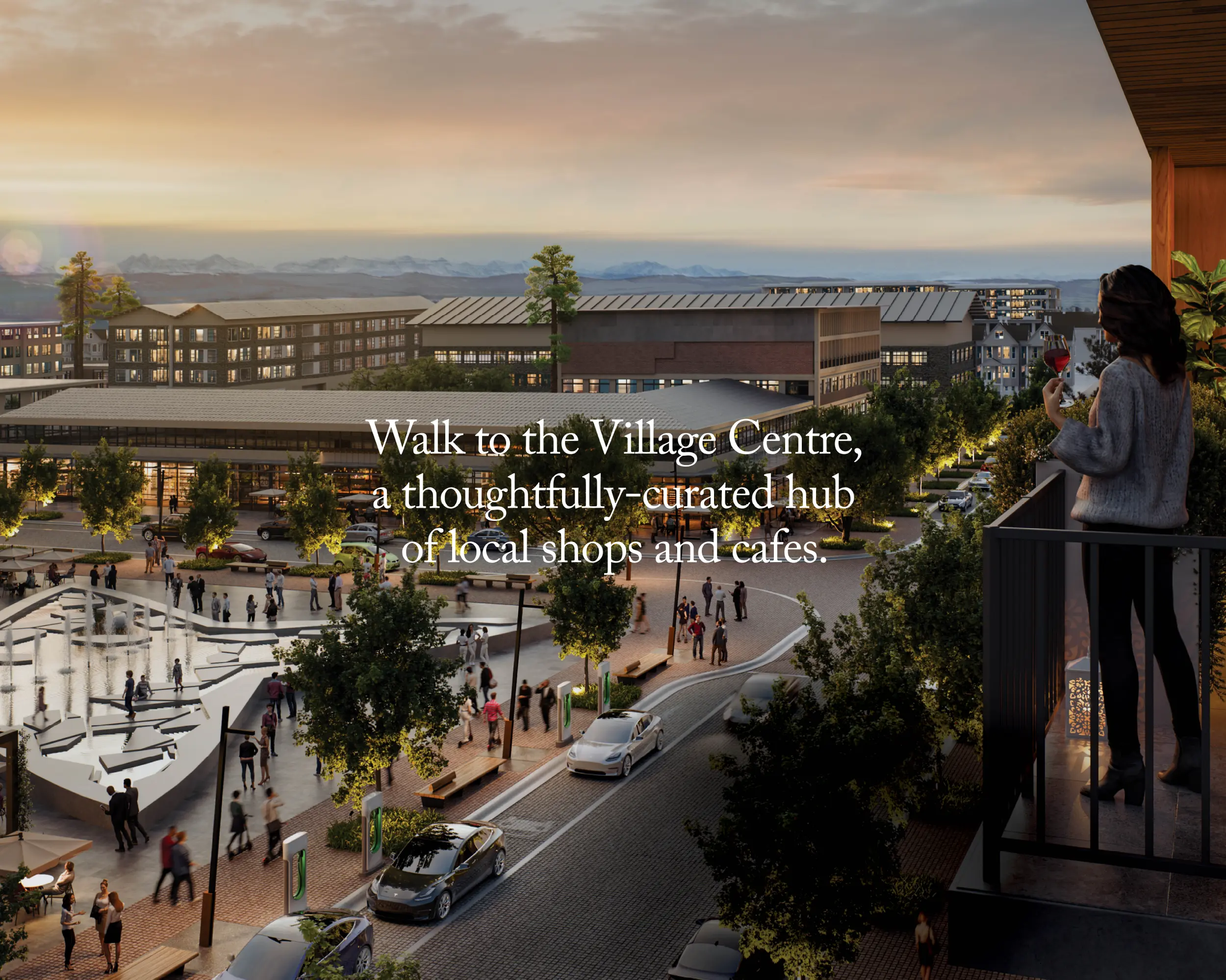The Village Centre at Alpine Park, text overlay reads Walk to the Village Centre, a thoughtfully curated hub of local shops and cafes